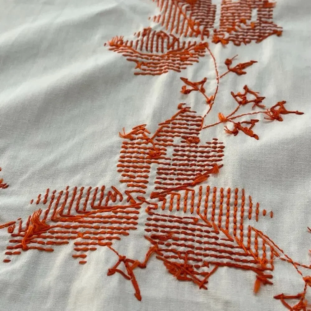 Vintage Tablecloth 57 in x 83 in Orange & Red Cross-Stitch Leaves Pattern